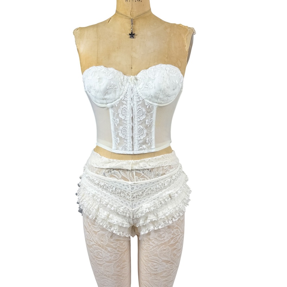 90s Coquette Cream White Lace Bustier Corset Strapless Sheer Mesh Bridal 34A